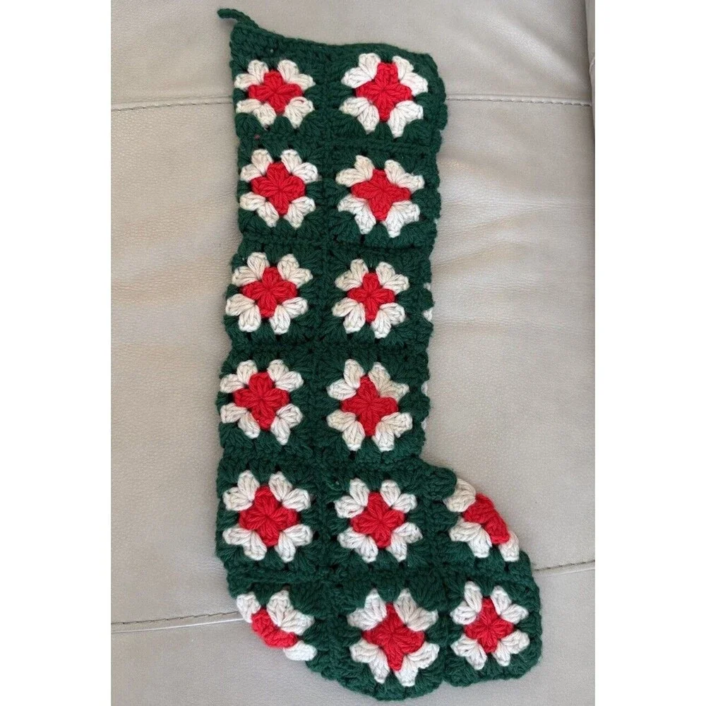 Vintage Crocheted Granny Square Christmas Stocking Large 21” Red Green White